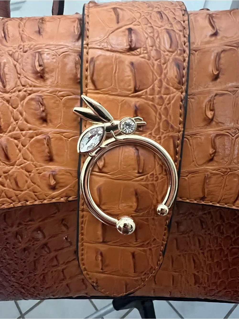 Structured Croc-Embossed Top Handle Bag in Cognac American bee